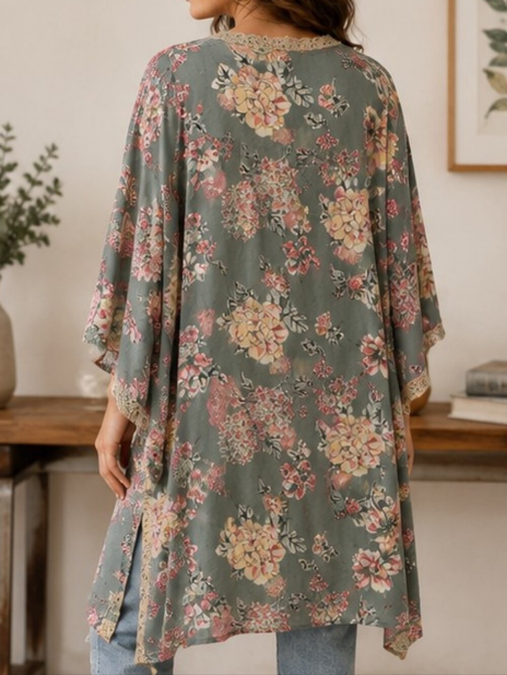 Angie Floral Midi Kimono Sage Green Crochet Lace Boho Duster - Picture 2 of 4